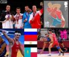 Ανδρικά πόντιουμ ελληνορωμαϊκή 84 kg, Alan Khugaev (Ρωσία), Karam Gaber (Αίγυπτος), Danial Gazhiyev (Καζακστάν) και Damian Janikowski (Πολωνία), London 2012